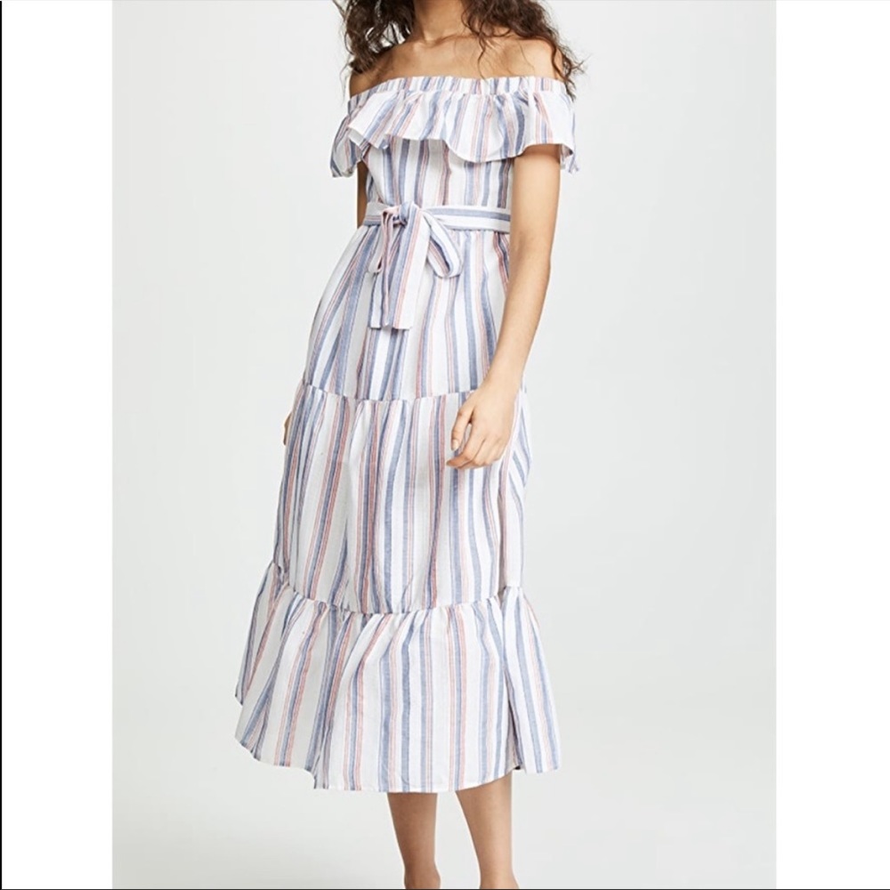 English factory white striped off shoulder tiered midi dress